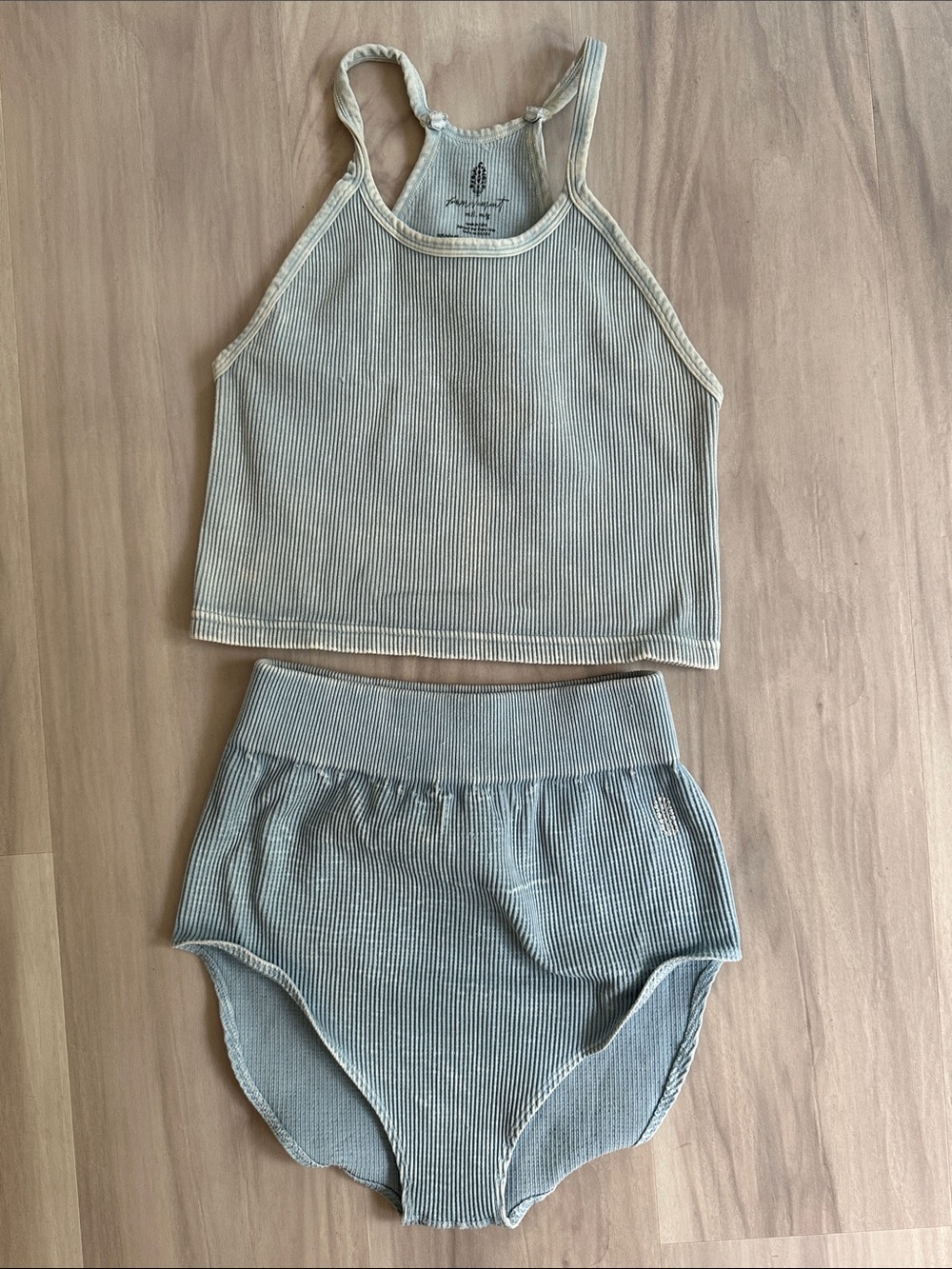 FP Movement Ribbed Tank & High-Waist Bottoms in Light Blue. Distressed 2pcs